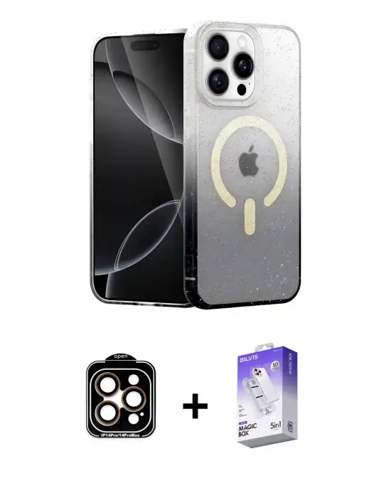 ieg™ iPhone 14 Pro Max Kılıf Eksen Minimal Özel Seri - Siyah Bilvis 5in1 3D Magic Cam Ekran Koruyucu + PVD Metal Kamera Lens - TU