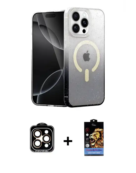 ieg™ iPhone 14 Pro Max Kılıf Eksen Minimal Özel Seri - Siyah Buffer Hayalet Cam Ekran Koruyucu + PVD Metal Kamera Lens - TU