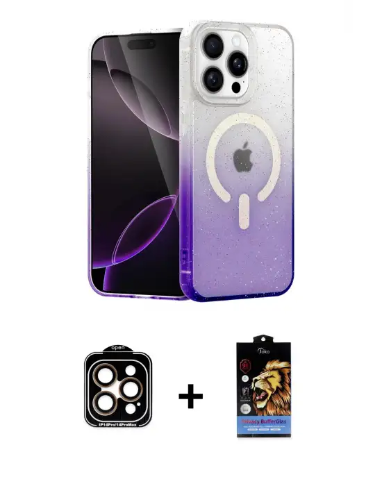 ieg™ iPhone 14 Pro Max Kılıf Eksen Minimal Özel Seri - Siyah Buffer Hayalet Cam Ekran Koruyucu + PVD Metal Kamera Lens - TU