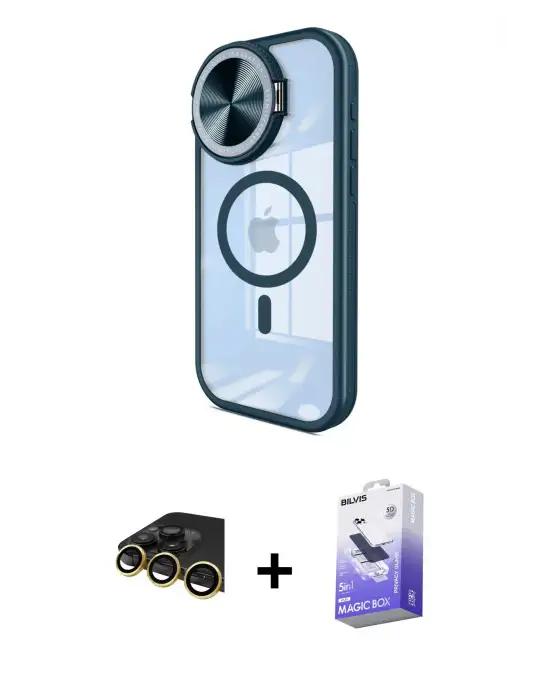 ieg™ iPhone 14 Pro Max Kılıf Kıvılcım Modern Koleksiyonu - Siyah Bilvis 5in1 5D Magic Hayalet Cam Ekran Koruyucu + Raze Metal Kamera Lens - GD