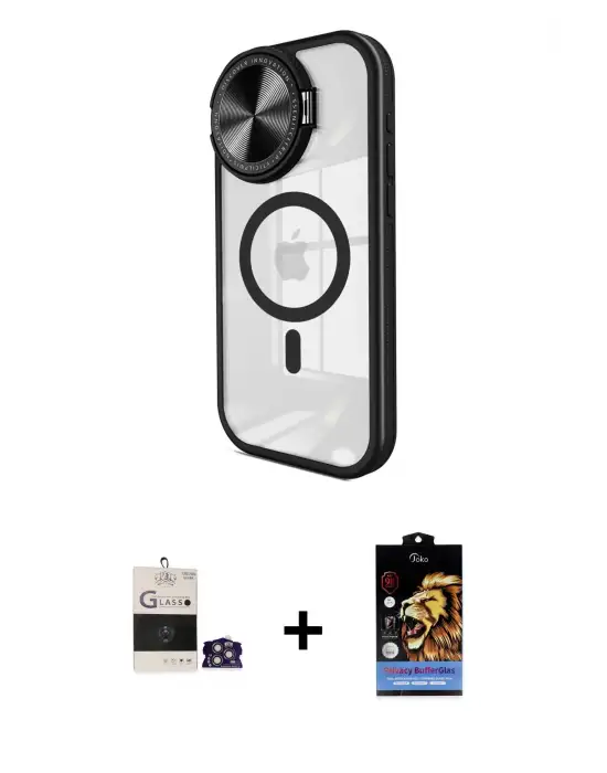 ieg™ iPhone 14 Pro Max Kılıf Kıvılcım Modern Koleksiyonu - Siyah Buffer Hayalet Cam Ekran Koruyucu + Bilvis Titan Kamera Lens - GS