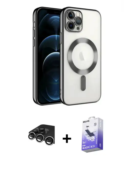 ieg™ iPhone 14 Pro Max Kılıf Nova Işık Özel Seri - Siyah Bilvis 5in1 5D Magic Hayalet Cam Ekran Koruyucu + Raze Metal Kamera Lens - GS