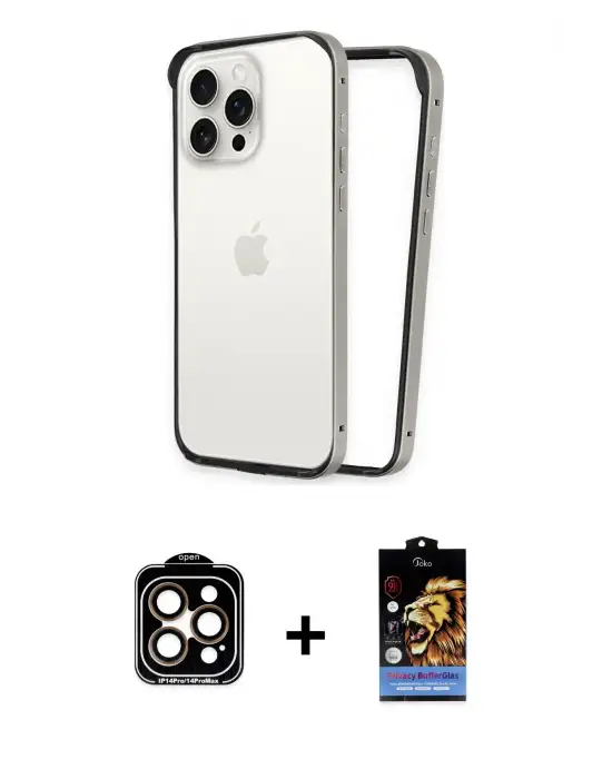 ieg™ iPhone 14 Pro Max Kılıf Pusula Asil Koleksiyonu - Siyah Buffer Hayalet Cam Ekran Koruyucu + PVD Metal Kamera Lens - TU