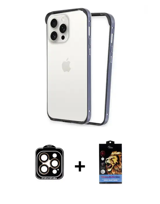 ieg™ iPhone 14 Pro Max Kılıf Pusula Asil Koleksiyonu - Siyah Buffer Hayalet Cam Ekran Koruyucu + PVD Metal Kamera Lens - TU