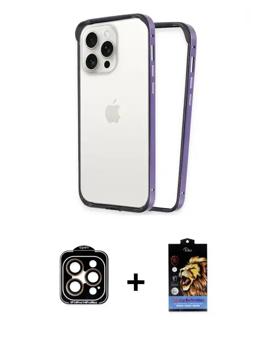 ieg™ iPhone 14 Pro Max Kılıf Pusula Asil Koleksiyonu - Siyah Buffer Hayalet Cam Ekran Koruyucu + PVD Metal Kamera Lens - TU