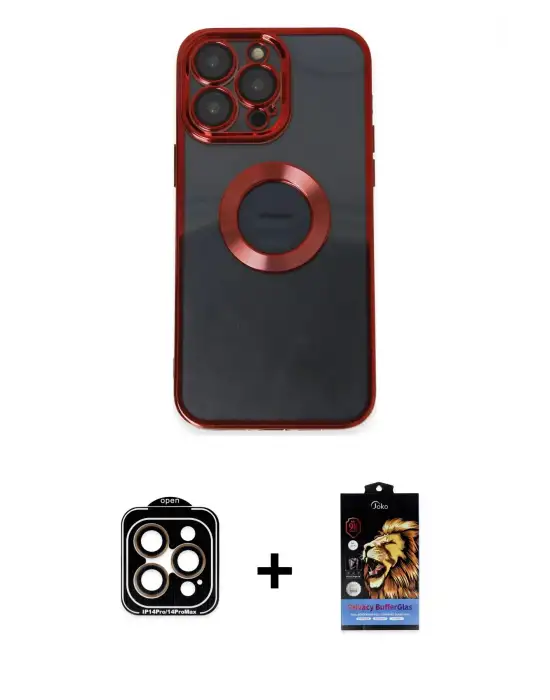 ieg™ iPhone 14 Pro Max Kılıf Pusula Form - Siyah Buffer Hayalet Cam Ekran Koruyucu + PVD Metal Kamera Lens - TU