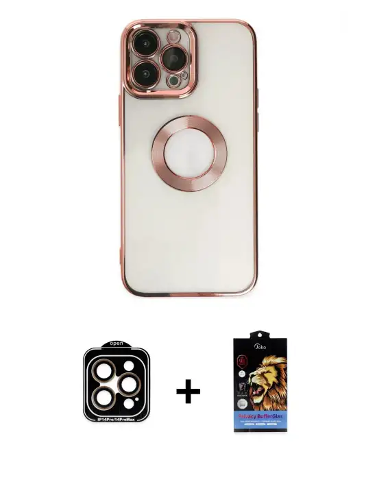 ieg™ iPhone 14 Pro Max Kılıf Pusula Form - Siyah Buffer Hayalet Cam Ekran Koruyucu + PVD Metal Kamera Lens - TU