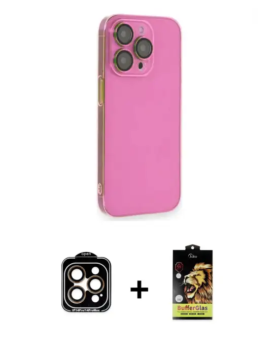 ieg™ iPhone 14 Pro Max Kılıf Siluet Minimal Özel Seri - Siyah Buffer Cam Ekran Koruyucu + PVD Metal Kamera Lens - TU