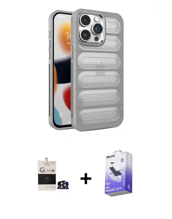 ieg™ iPhone 14 Pro Max Kılıf Yadigar Doku Özel Seri - Siyah Bilvis 5in1 5D Magic Hayalet Cam Ekran Koruyucu + Bilvis Titan Kamera Lens - GD