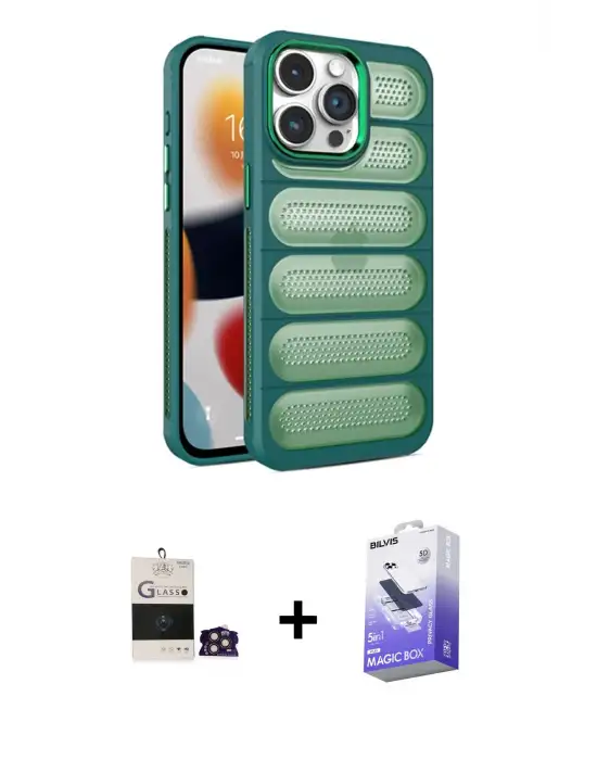 ieg™ iPhone 14 Pro Max Kılıf Yadigar Doku Özel Seri - Siyah Bilvis 5in1 5D Magic Hayalet Cam Ekran Koruyucu + Bilvis Titan Kamera Lens - GD