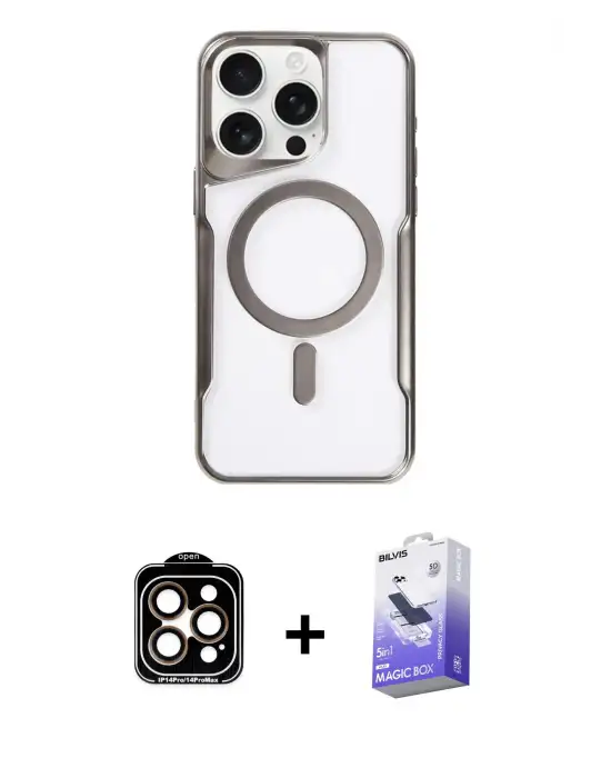 ieg™ iPhone 14 Pro Max Kılıf Yadigar Klasik Özel Seri - Siyah Bilvis 5in1 5D Magic Hayalet Cam Ekran Koruyucu + PVD Metal Kamera Lens - TU