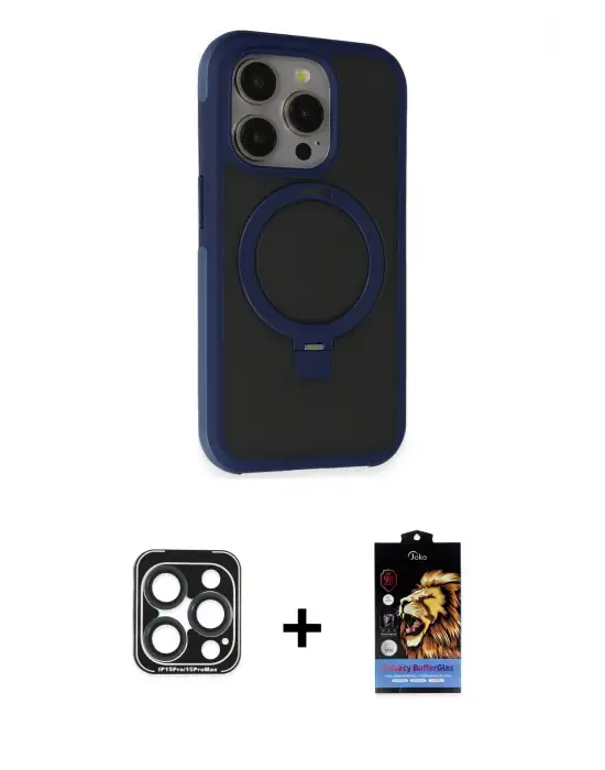 ieg™ iPhone 15 Pro Max Kılıf Ahenk Yansıma Özel Seri - Siyah Buffer Hayalet Cam Ekran Koruyucu + PVD Metal Kamera Lens - LT