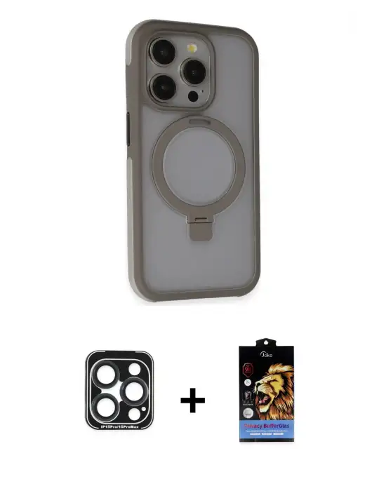 ieg™ iPhone 15 Pro Max Kılıf Ahenk Yansıma Özel Seri - Siyah Buffer Hayalet Cam Ekran Koruyucu + PVD Metal Kamera Lens - LT