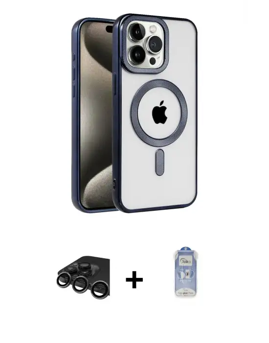 ieg™ iPhone 15 Pro Max Kılıf Eksen Form Koleksiyonu - Siyah Joko Magic 5D Cam + Raze Metal Kamera Lens - TMGI