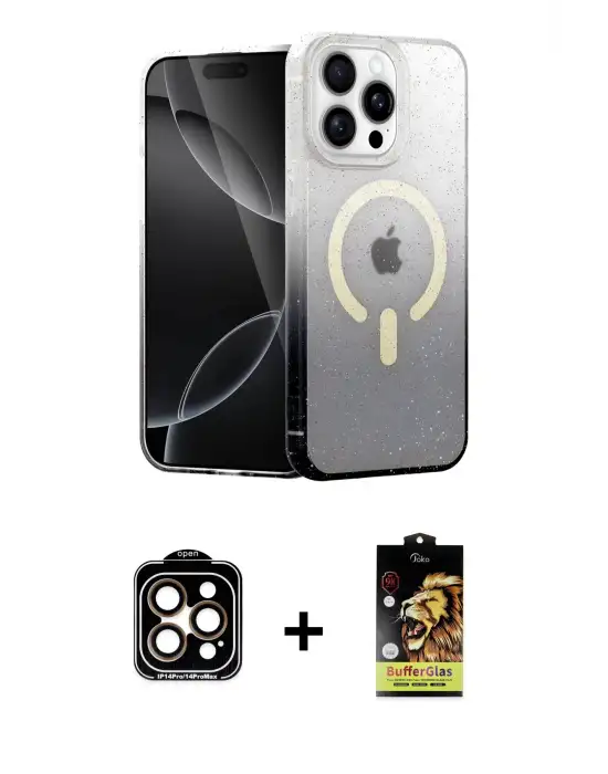 ieg™ iPhone 15 Pro Max Kılıf Eksen Minimal Özel Seri - Siyah Buffer Cam Ekran Koruyucu + PVD Metal Kamera Lens - TU
