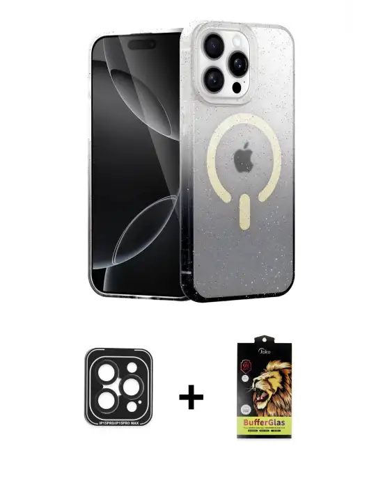 ieg™ iPhone 15 Pro Max Kılıf Eksen Minimal Özel Seri - Siyah Buffer Cam Ekran Koruyucu + PVD Metal Kamera Lens - SH