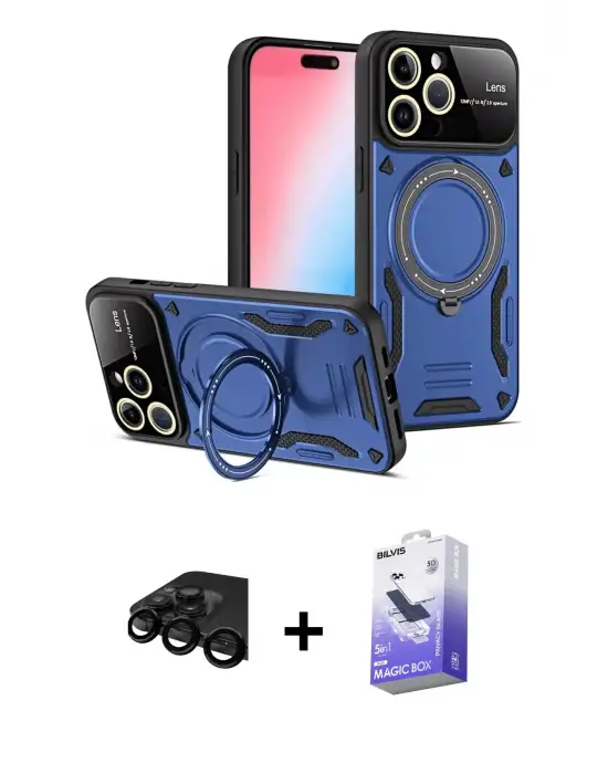 ieg™ iPhone 15 Pro Max Kılıf Kıvılcım Modern Serisi - Siyah Bilvis 5in1 5D Magic Hayalet Cam Ekran Koruyucu + Raze Metal Kamera Lens - SH