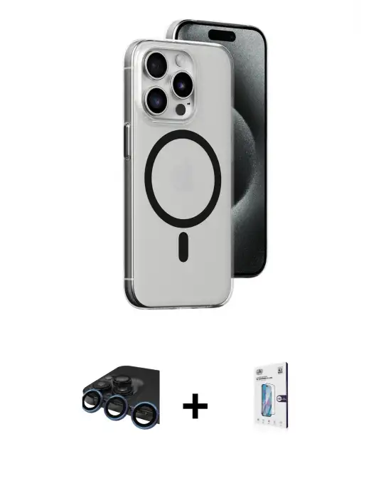 ieg™ iPhone 15 Pro Max Kılıf Odak Form Özel Seri - Siyah Bilvis 0.18mm Plus Cam Ekran Koruyucu + Raze Metal Kamera Lens - LT