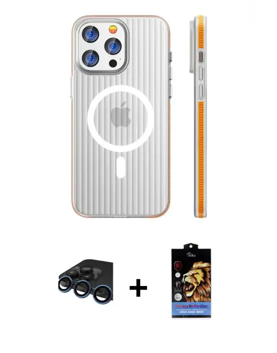 ieg™ iPhone 15 Pro Max Kılıf Pusula Minimal Koleksiyonu - Siyah Buffer Hayalet Cam Ekran Koruyucu + Raze Metal Kamera Lens - LT
