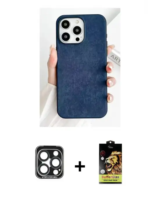 ieg™ iPhone 15 Pro Max Kılıf Pusula Modern - Siyah Buffer Cam Ekran Koruyucu + PVD Metal Kamera Lens - LT