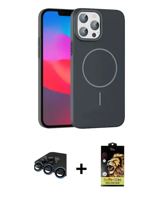 ieg™ iPhone 15 Pro Max Kılıf Siluet Doku Özel Seri - Siyah Buffer Cam Ekran Koruyucu + Raze Metal Kamera Lens - LT