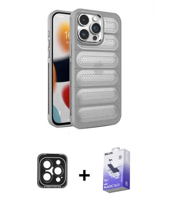 ieg™ iPhone 15 Pro Max Kılıf Yadigar Doku Özel Seri - Siyah Bilvis 5in1 5D Magic Hayalet Cam Ekran Koruyucu + PVD Metal Kamera Lens - SH
