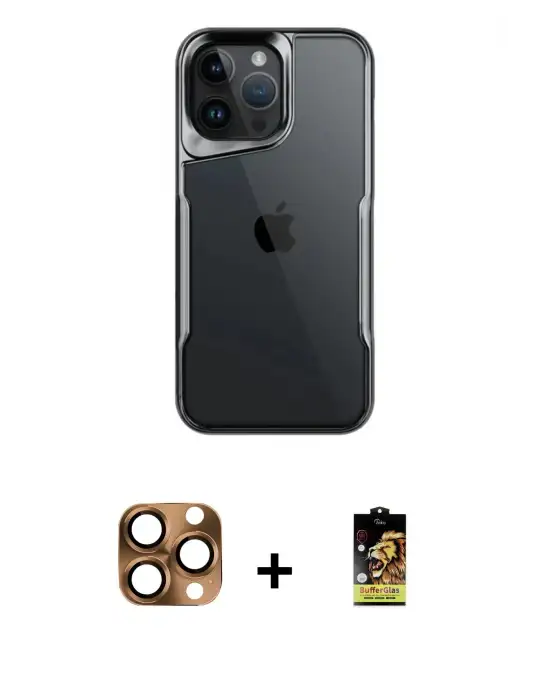 ieg™ iPhone 16 Pro Max Kılıf Akış Çizgi Koleksiyonu - Siyah Buffer Cam Ekran Koruyucu + Pers Alüminyum Kamera Lens - CLTM