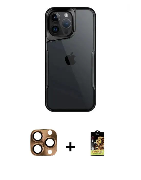 ieg™ iPhone 16 Pro Max Kılıf Akış Çizgi Koleksiyonu - Siyah Buffer Cam Ekran Koruyucu + Pers Alüminyum Kamera Lens - CLTM