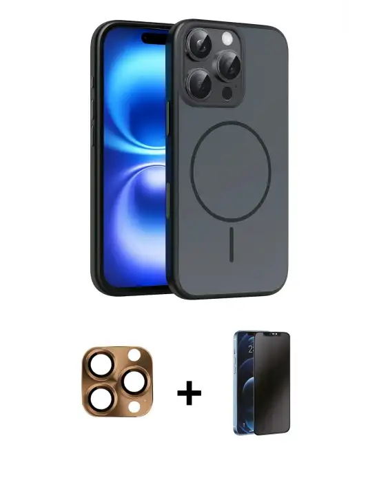 ieg™ iPhone 16 Pro Max Kılıf Atlas Asil Prime - Siyah 3D Antistatik Hayalet Cam Ekran Koruyucu + Pers Alüminyum Kamera Lens - CLTM