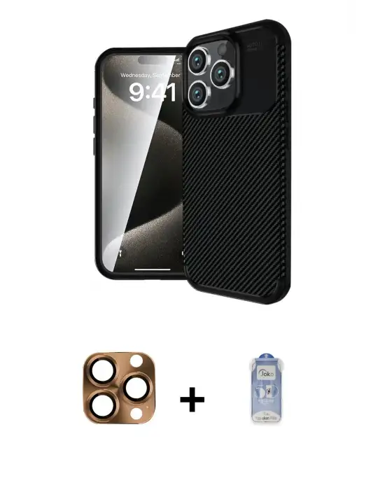 ieg™ iPhone 16 Pro Max Kılıf Eksen Form Prime - Siyah Joko Magic 5D Cam + Pers Alüminyum Kamera Lens - CLTM