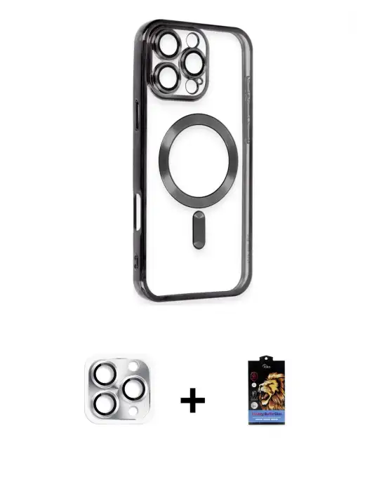 ieg™ iPhone 16 Pro Max Kılıf Nova Işık Özel Seri - Siyah Buffer Hayalet Cam Ekran Koruyucu + Pers Alüminyum Kamera Lens - GS