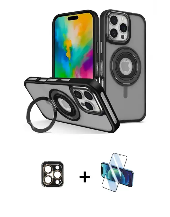 ieg™ iPhone 16 Pro Max Kılıf Nova Minimal Serisi - Siyah 3D Antistatik Seramik Nano Ekran Koruyucu + PVD Metal Kamera Lens - GD