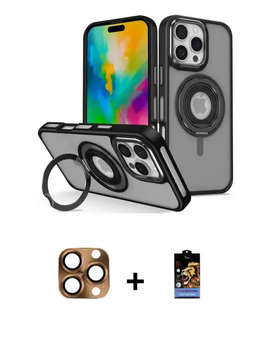 ieg™ iPhone 16 Pro Max Kılıf Nova Minimal Serisi - Siyah Buffer Hayalet Cam Ekran Koruyucu + Pers Alüminyum Kamera Lens - CLTM