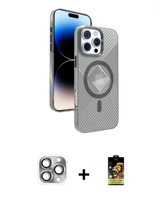 ieg™ iPhone 16 Pro Max Kılıf Nova Modern Prime - Siyah Buffer Cam Ekran Koruyucu + Pers Alüminyum Kamera Lens - GI