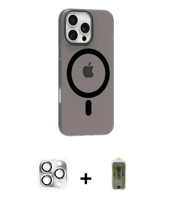 ieg™ iPhone 16 Pro Max Kılıf Pusula Form Özel Seri - Siyah Joko Magic 5D Hayalet Cam + Pers Alüminyum Kamera Lens - GS