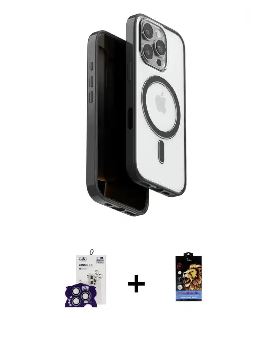 ieg™ iPhone 16 Pro Max Kılıf Pusula Form Serisi - Siyah Buffer Hayalet Cam Ekran Koruyucu + Bilvis Titan Kamera Lens - TMGI