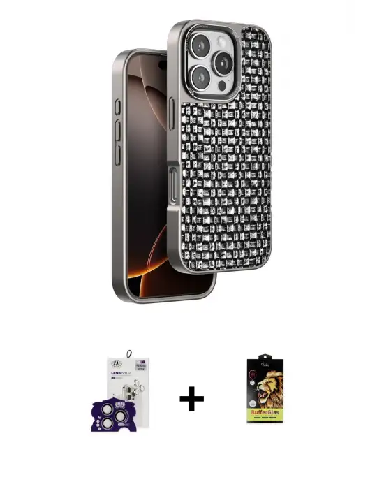 ieg™ iPhone 16 Pro Max Kılıf Siluet Form Serisi - Siyah Buffer Cam Ekran Koruyucu + Bilvis Titan Kamera Lens - TMGI