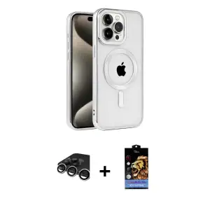 ieg™ iPhone 15 Pro Max Kılıf Eksen Form Koleksiyonu - Siyah Buffer Hayalet Cam Ekran Koruyucu + Raze Metal Kamera Lens - GS
