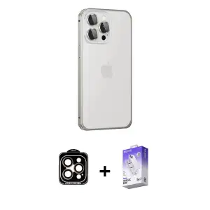 ieg™ iPhone 15 Pro Max Kılıf Eksen Form Serisi - Siyah Bilvis 5in1 3D Magic Cam Ekran Koruyucu + PVD Metal Kamera Lens - TU
