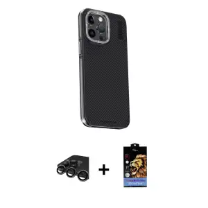 ieg™ iPhone 15 Pro Max Kılıf Kıvılcım Modern Özel Seri - Siyah Buffer Hayalet Cam Ekran Koruyucu + Raze Metal Kamera Lens - TMGI