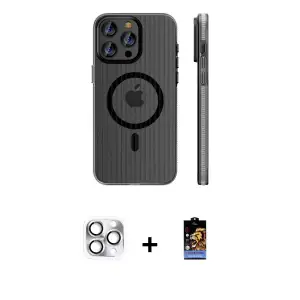 ieg™ iPhone 16 Pro Max Kılıf Pusula Minimal Koleksiyonu - Siyah Buffer Hayalet Cam Ekran Koruyucu + Pers Alüminyum Kamera Lens - GS