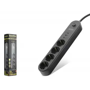 Termal Akım Korumalı Uzatma Kablosu 4 Priz 2 Usb Type-C Anahtarlı 2 M - Siyah SH4625