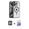 ieg™ iPhone 15 Pro Max Kılıf Eksen Form Koleksiyonu - Siyah Bilvis 5in1 5D Magic Hayalet Cam Ekran Koruyucu + PVD Metal Kamera Lens - GI