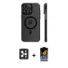 ieg™ iPhone 15 Pro Max Kılıf Pusula Minimal Koleksiyonu - Siyah Buffer Hayalet Cam Ekran Koruyucu + PVD Metal Kamera Lens - SH