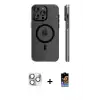 ieg™ iPhone 16 Pro Max Kılıf Pusula Minimal Koleksiyonu - Siyah Buffer Hayalet Cam Ekran Koruyucu + Pers Alüminyum Kamera Lens - GS