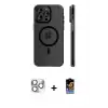 ieg™ iPhone 16 Pro Max Kılıf Pusula Minimal Koleksiyonu - Siyah Buffer Hayalet Cam Ekran Koruyucu + Pers Alüminyum Kamera Lens - GS