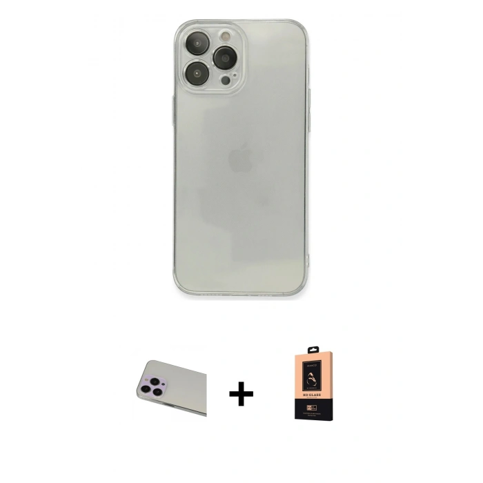 ieg™ iPhone 13 Pro Max Kılıf Ahenk Doku - Şeffaf Maxco Cam Ekran Koruyucu + Rainbow Kamera Lens Koruma Cam - MR