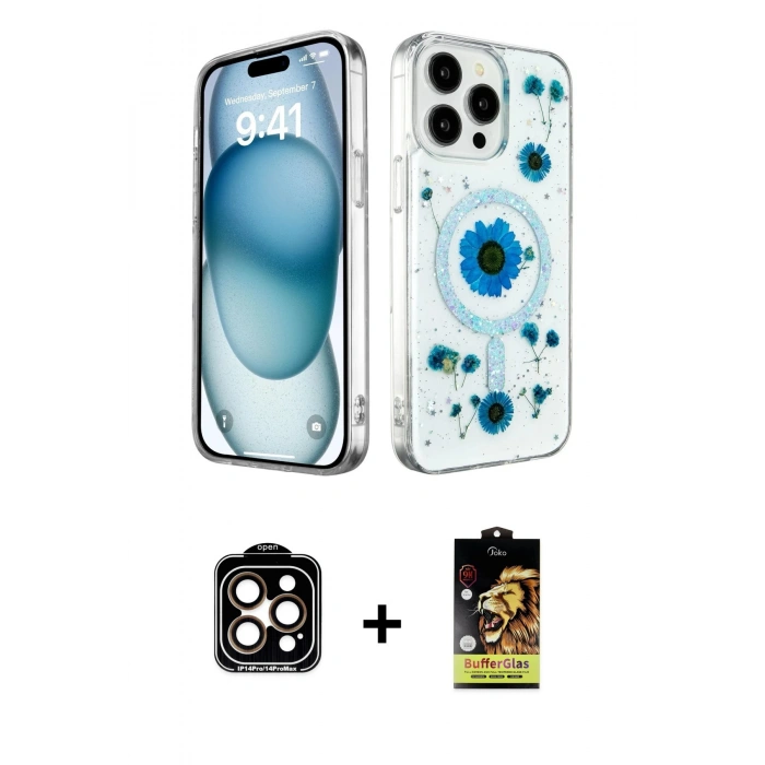 ieg™ iPhone 15 Pro Max Kılıf Kozmos Doku - Siyah Buffer Cam Ekran Koruyucu + PVD Metal Kamera Lens - TU