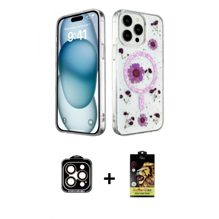 ieg™ iPhone 15 Pro Max Kılıf Kozmos Doku - Siyah Buffer Cam Ekran Koruyucu + PVD Metal Kamera Lens - TU
