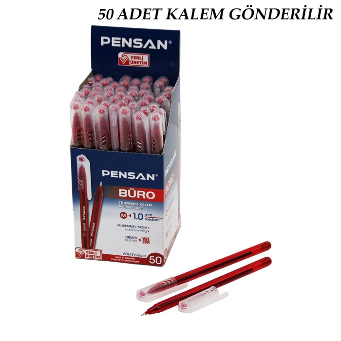 50 Adet Pensan Büro Kırmızı Tükenmez Kalem M-medium - 1.0mm Uç